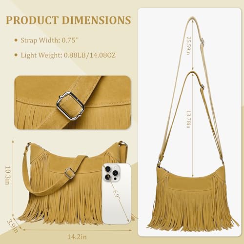 Fringe Hobo Bags for Women Vintage Suede Crossbody Bag Hippie Western Cowgirl Purses Tassel Shoulder Bag - color: Yellow