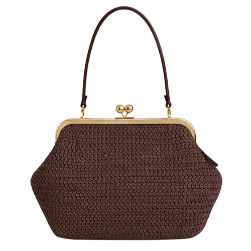 Kiss Lock Woven Bag, Large Capacity Straw Rainbow Handbags for Vacation Travel Shopping, Summer Straw Shoulder Bags - color: Style 2