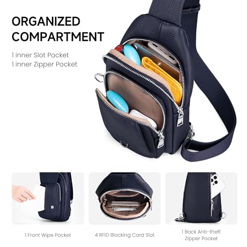 befen Anti Theft Genuine Leather Sling Bag for Women RFID Small Crossbody Bag Chest Bag Leather Fanny Packs for Travel - color: Navy Blue
