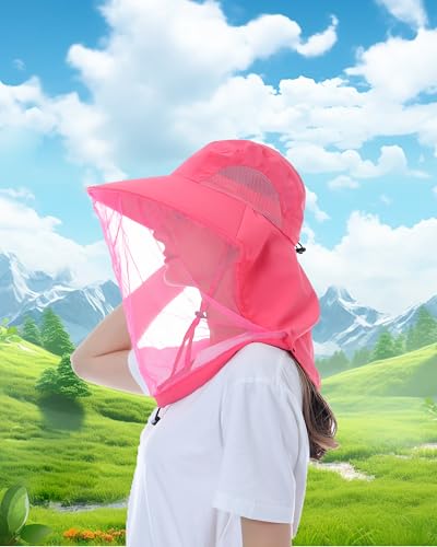 Womens Sun Hat Outdoor UV Protection Wide Brim Fishing Hat with Ponytail Hole Neck Flap for Beach Hiking Camping - color: Mosquito Net-watermelon Red