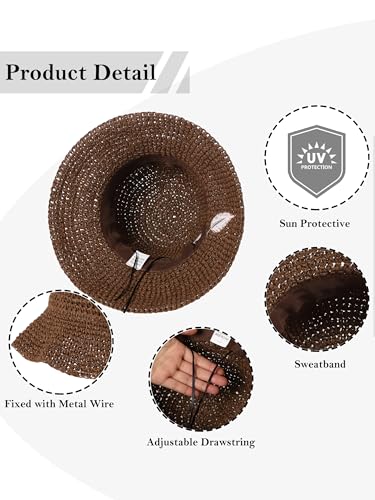 LA CARRIE Womens Sun Hat Floppy Packable Wide Brim UV Protection UPF 50+ Straw Hat with Embroidery for Summer Beach - color: Coffee