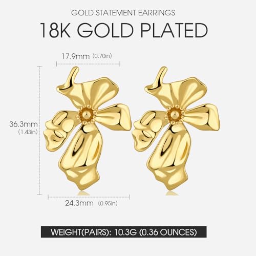 Gold Statement Earrings For Women 18K Gold Plated Sectored Flower Leaf Shell Angel Wing Earring Large Stud Earrings Hypoallergenic Stud - color: Dancing felower earring