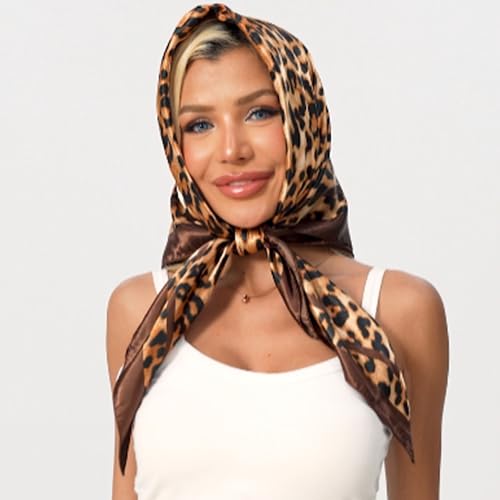 Leopard Print Head Scarf for Women Like Silk Satin Scarf for Hair Wrapping at Night Bandana Square Scarf 35 Inches - color: Dark Coffee Leopard
