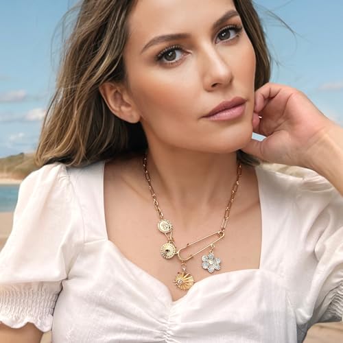 ORIGENCE Sun Heart Necklace for Women 18K Gold Plated Heart Pendant Necklace Chunky Chain Choker Necklaces Hip Hop Charm Necklaces Trendy Unisex Jewelry - style: 4Charm-Gold