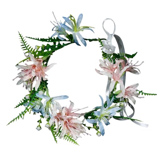 Boho Floral Crown for Women– Adjustable Faux Silk Flower Headband, Handmade Wedding Hair Accessory for Festivals & Photoshoots, Flower Hair Crown for Women (Pink Blue Flower Leaf, Adjustable) - color: Pink Blue Flower Leaf