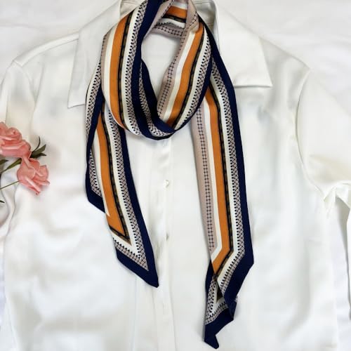 Silk Head Scarf for Hair Fashion Headwrap for Women Lightweight Neck Tie - color: X012-orange & Blue Geometry