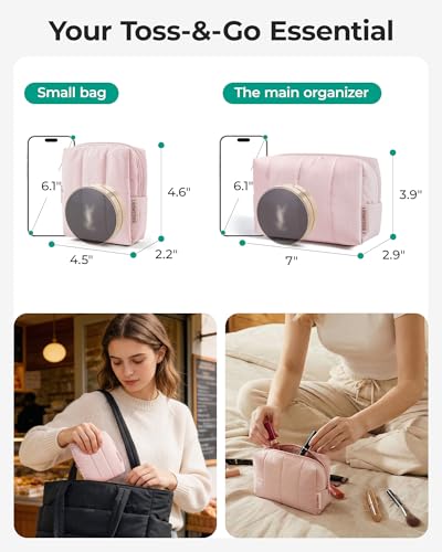 BAGSMART Makeup Bag Duo Set, Puffy Padded Travel Cosmetic Organizer with Slip-in Pockets, Large Toiletry Bag & Small Purse Pouch, Travel Essentials for Women, Blue Ditsy Floral - color: 18-Blue Ditsy Floral