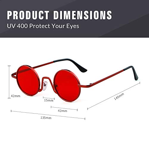 SORVINO Retro Small Round Sunglasses for Men Women Vintage Style Metal Frame - color: Red Frame/Red Lens