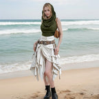 Boho Raw-Edge Crop Top – Adjustable Halter with Open Back & Cross-Wrap Design, 100% Cotton Beach Cover Up - color: Olive Green