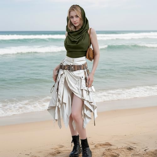 Boho Raw-Edge Crop Top – Adjustable Halter with Open Back & Cross-Wrap Design, 100% Cotton Beach Cover Up - color: Olive Green