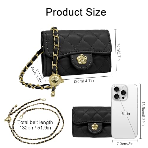 YAMEIZE Mini PU Leather Chain Belt Bag for Women Quilted Waist Purse Crossbody Fanny Pack Detachable Belt Chain - color: Black - Mini (4.7x2.7 Inch)