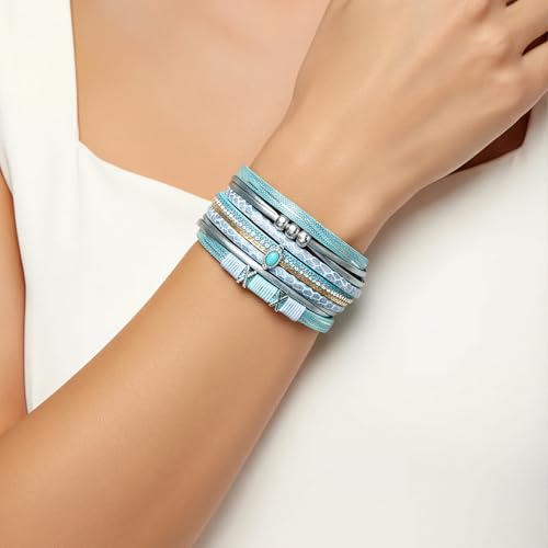Edoneery Leather Wrap Bracelet for Women, Boho Handmade Multi-Layer Cuff with Crystal Beads Heart, Stackable Bangle Western Jewelry Gift - style: Turquoise(Blue)