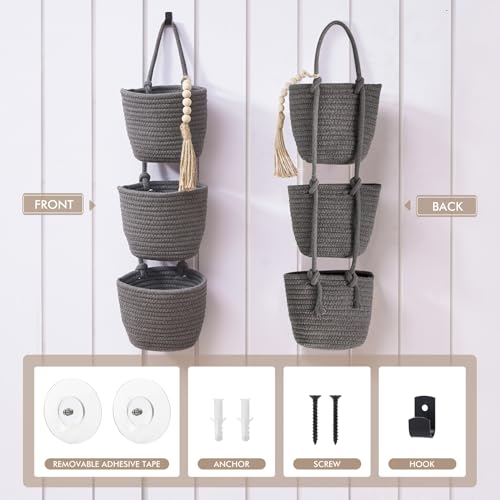 Fabric Wall Hanging Organizers - Small Woven Baskets Pouches Set Boho Style Wall Mounted Bag with Adhesive Hook, Storage Decoration Pocket Caddy for Closet Playroom RV Nursery (Gray & Black) - color: Gray & Black