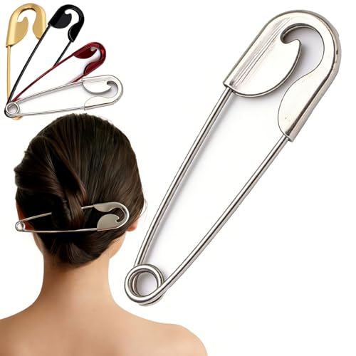 Mega Safety Hairpin - Mega Safety Pin Hairpin, Oversized Metal Hair Pin for Bun & Updo, Stylish Hair Stick Bun Holder - color: Silver