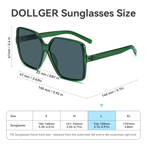 Dollger Oversized Square Sunglasses for Women Big Large Wide Fashion Shades for Men UV Protection Unisex - color: K:dark Green Frame Grey Lens