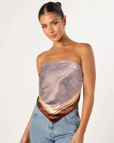 AWAYTR 35” Satin Head Scarf for Women Like Silk Scarf Hair Bandanas Women Large Square Neck Scarf Headscarf Head Wrap - color: Plaid - Brown + Champagne