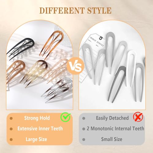 6PCS French Hair Pins for Women, Tortoise Shell French Pins Hair, Large Hair Styling Pins for Thin Thick Hair, 3 Internal Teeth Hair Sticks, Hair Pin for Buns, French Twist Pin - color: Amber