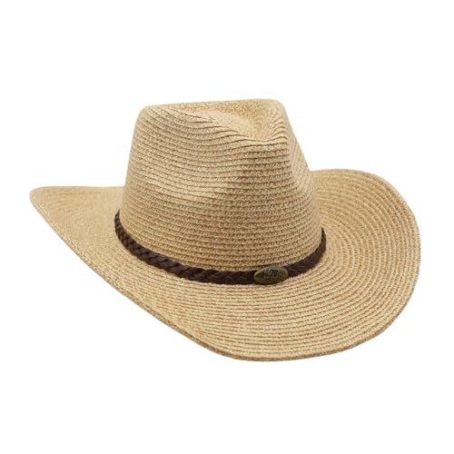 Straw Cowgirl Hat for Women Cowboy Hats for Men Wide Brim Sun Hat Shapeable Western Hat Beach Hat - color: Beige-khaki Blend
