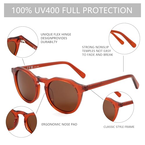 ZENOTTIC Vintage Round Polarized Sunglasses for Men Women UV400 Protection - color: C10 Crystal Red Frame Brown Lens