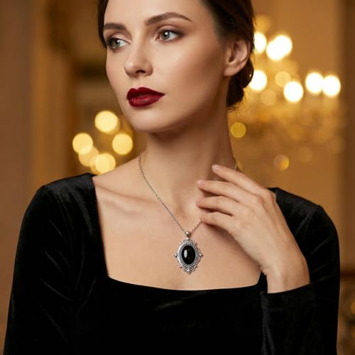 Gothic Vintage Gem Pendant Necklace | Victorian Style Filigree Silver-Tone Jewelry | Ideal Gift for Party Cosplay & Daily Wear - color: Black