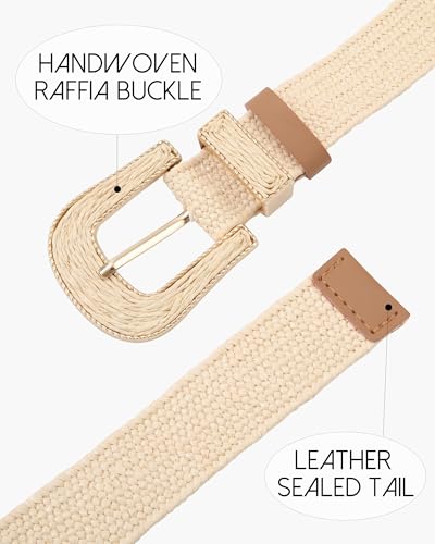 AWAYTR Womens Boho Woven Belt - Easy Care Plastic Elastic Belt with Handmade Raffia Buckle for Daily Vacation Work - color: Beige, size: Fit Waist 36''-41''