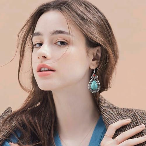 Handmade Teardrop Turquoise Earrings Necklace Set for Women Bohemia Tribal Antique Ethnic Style Earring Delicate Teardrop Gemstone Dangle Drop Statement Earrings Western Jewelry - color: Turquoise Choker Necklace