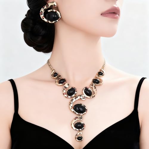 Gold Jewelry Set, Silver Black Boho Western Chunky Vintage Pendant Necklace Stack Trendy Adjustable Non Tarnish Cowgirl Dainty Hypoallergenic Earrings Jewelry Sets For Women - color: Leopard Print Set