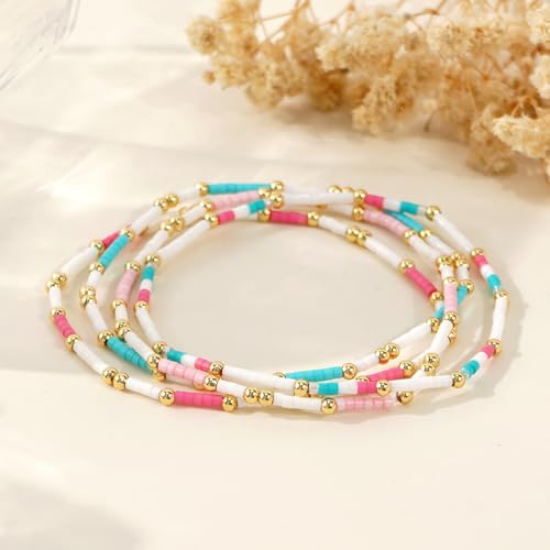 Dainty Gold Colorful Beaded Bracelets Stack for Women,4PCS Cute Bohemian Colorful Small Beads Stackable Stretch Bracelet Set Trendy Holiday Party Accessories Jewelry Gift Friendship - color: Pink Blue