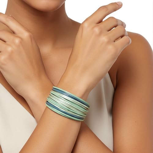 Edoneery Leather Wrap Bracelet for Women, Boho Handmade Multi-Layer Cuff with Crystal Beads Heart, Stackable Bangle Western Jewelry Gift - style: Leather(LakeBlue)