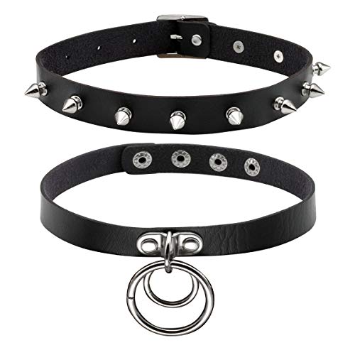 Eigso Vintage Punk Goth Studded Rivet Pu Leather Collar Choker Necklace with Spikes Adjustable - color: B-Black