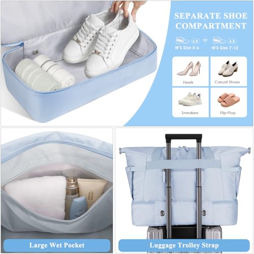 ETRONIK Gym Bag for Women, 45L Carry On Travel Duffel Bag with Shoes Compartment, Weekender Overnight Bag with Wet Pocket for Women, Travel, Gym, Weekend, Large Size - color: Blue, size: Large