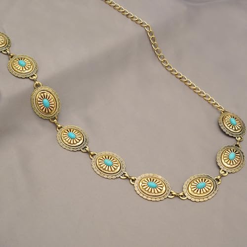 Women's Concho Chain Belt Western Cowgirl Metal Waist Chain Belt for Dress - color: B Gold, size: L: 53.1 in