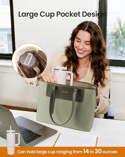 LOVEVOOK Laptop Tote Bag for Women, Water-Resistant Work Tote Bag Large Capacity Computer Bag for Travel, Nylon & PU - color: Green, size: 15.6Inch