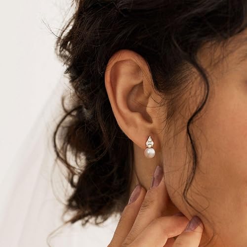 Hayopi Pearl Earrings for Women - Dainty Gold Dangle Drop Earrings, 14k Gold Plated Cute Bow Design, Hypoallergenic Pearl Studs, Wedding Jewelry Gifts - color: GOLD-Sharp CZ earrings