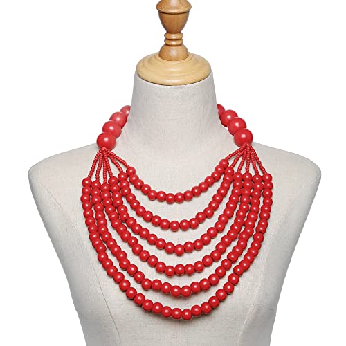 COLORFUL BLING Boho African Wooden Beaded Bib Statement Choker Necklace Long Multi Strand Chunky Layered Collar Tassel Necklace for Women Handmade Jewelry - color: red