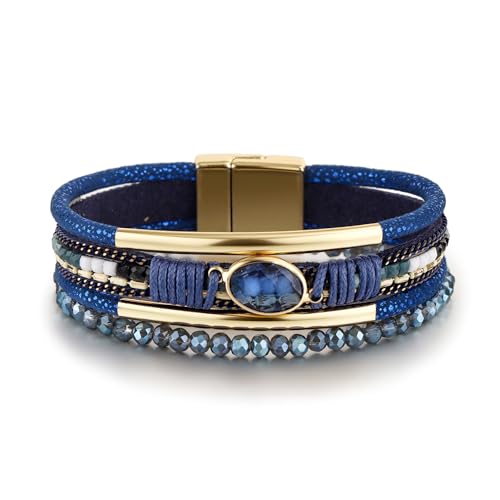 Edoneery Leather Wrap Bracelet for Women, Boho Handmade Multi-Layer Cuff with Crystal Beads Heart, Stackable Bangle Western Jewelry Gift - style: Crystal(Blue)