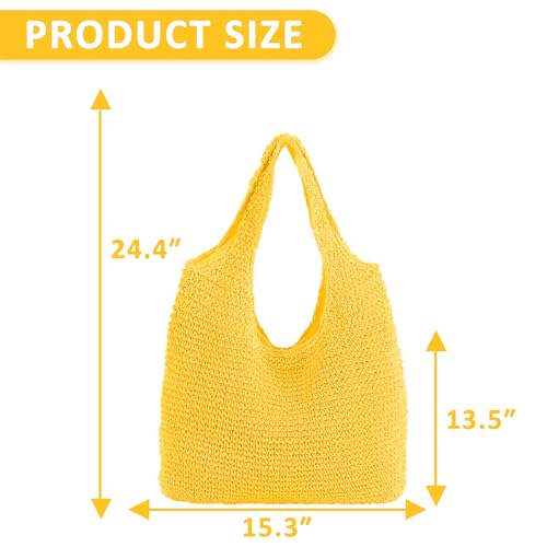 Hand-woven Soft Large Straw Shoulder Bag Boho Straw Handle Tote Retro Summer Beach Bag Rattan Handbag - color: Yellow