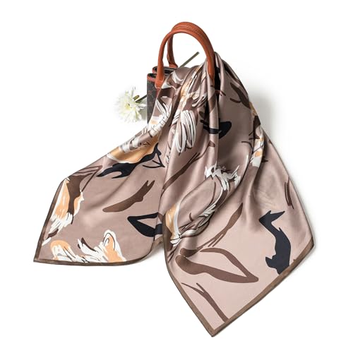 SHIROUYU 100% Pure Mulberry Silk Scarf 35" Large Square Lightweight Headscarf –Women’s Hair Wraps The shawl-With Gift Packed - color: Brown-20