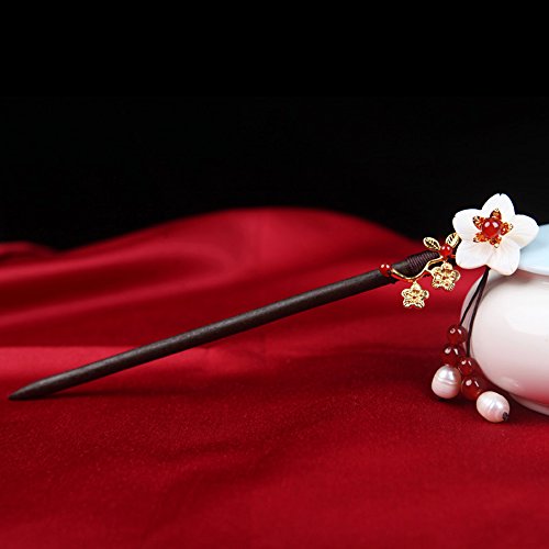 Chinese Classical Hairpin Pearl Shell Flower Headdress Hair Chopsticks for Women Wooden 7.08" Hair Sticks for Buns with gift Box(1pack) - color: C