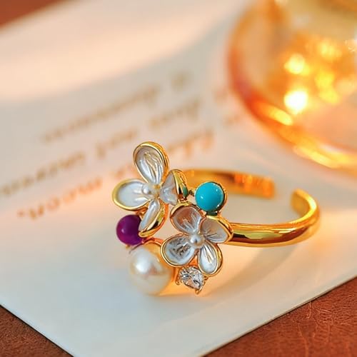 18K Gold Pearl Rings for Women Dainty Natural Freshwater Pearl Ring Gold Statement Rings Minimalist Vintage Adjustable Rings Golden Peal Engagement Ring Party Ring Pearl Jewelry for Mom Wife Lovers - color: 05-6