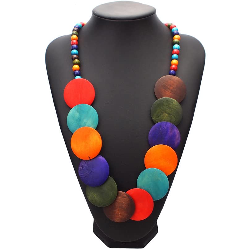 COLORFUL BLING Natural Chunky Wooden Beads Statement Necklace Boho African Tribal Collar Choker Bib Necklace Hippie Vacation Jewelry for Unisex Men Women - color: colorful