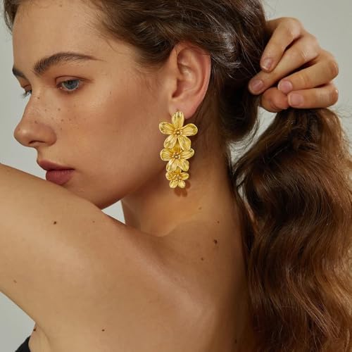 Gold Statement Earrings For Women 18K Gold Plated Sectored Flower Leaf Shell Angel Wing Earring Large Stud Earrings Hypoallergenic Stud - color: Long flower earrings