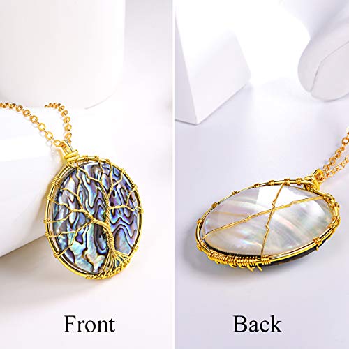 FOCALOOK Stainless Steel Wire Wrapped Tree of Life Abalone Necklaces Handmade Costume Jewelry Long Necklaces for Women (Send Gift Box) - style: 04.Round Shaped-Gold