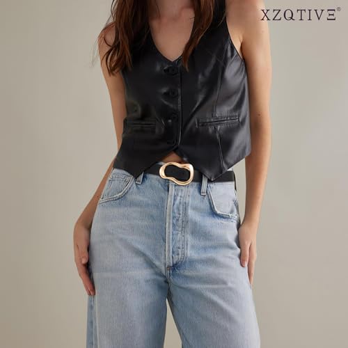 XZQTIVE Leather Belts for Women Casual Fashion Waist Belt for Jeans Pants Dresses with Unique Liquid Shapes Gold Buckle - color: Black, size: Fit Waist 32-39in