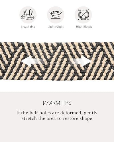 AWAYTR Womens Boho Woven Belt - Easy Care Plastic Elastic Belt with Handmade Raffia Buckle for Daily Vacation Work - color: Black With Beige Stripes, size: Fit Waist 36''-41''