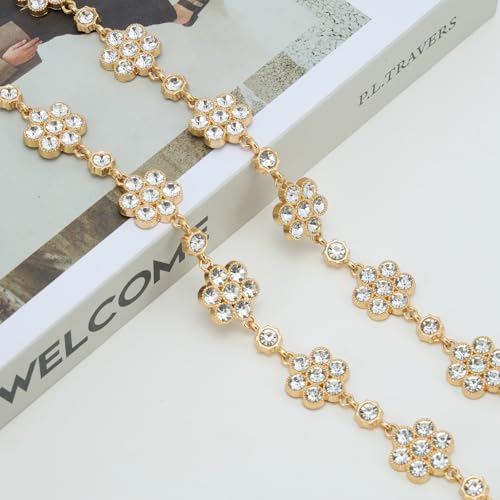 YooAi Rhinestone Diamond Flower Waist Belt Decorative Rhinestone Dress Belt - color: Gold