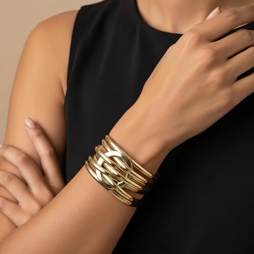 Edoneery Leather Wrap Bracelet for Women, Boho Handmade Multi-Layer Cuff with Crystal Beads Heart, Stackable Bangle Western Jewelry Gift - style: Circle PU(Gold)1