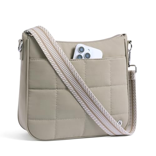 Anti Theft Crossbody Bags for Women,Quilted Puffer Travel Purses Shoulder Hobo Bag Handbag with Guitar Strap - color: Grey