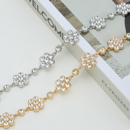 YooAi Rhinestone Diamond Flower Waist Belt Decorative Rhinestone Dress Belt - color: Silver