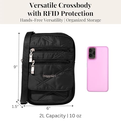 Baggallini Journey Crossbody Bags for Women 9x6 Small Lightweight Travel Handbag W/RFID - color: Black Quilt